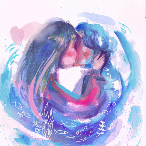 A bright blue, pink and purple watercolour painting of two people embracing and kissing, surrounded by strokes of paint and, at the base of the image, small white outlines of fish, bubbles and coral.