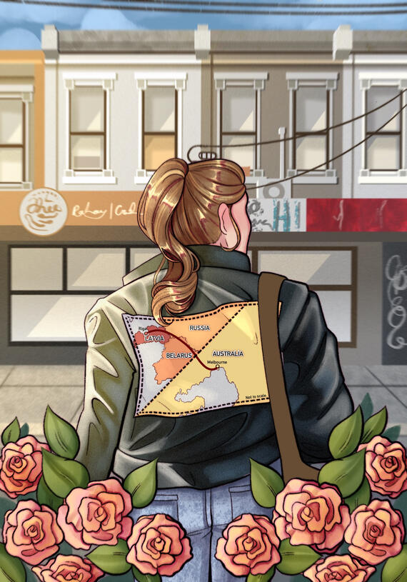 A digital drawing of a femme person seen from behind, facing a row of two-storey shops. They have a brown, glossy ponytail, are surrounded by rose bushes, and wear a jacket with a map of Latvia, Russia, Belarus and Australia.