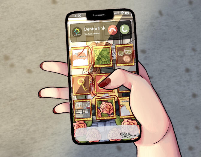 A digital drawing of a hand holding a phone. A current Centrelink call is indicated at the top of the screen, the phone's background is the image from the beginning of the story, and snapshots from this image double as app icons.