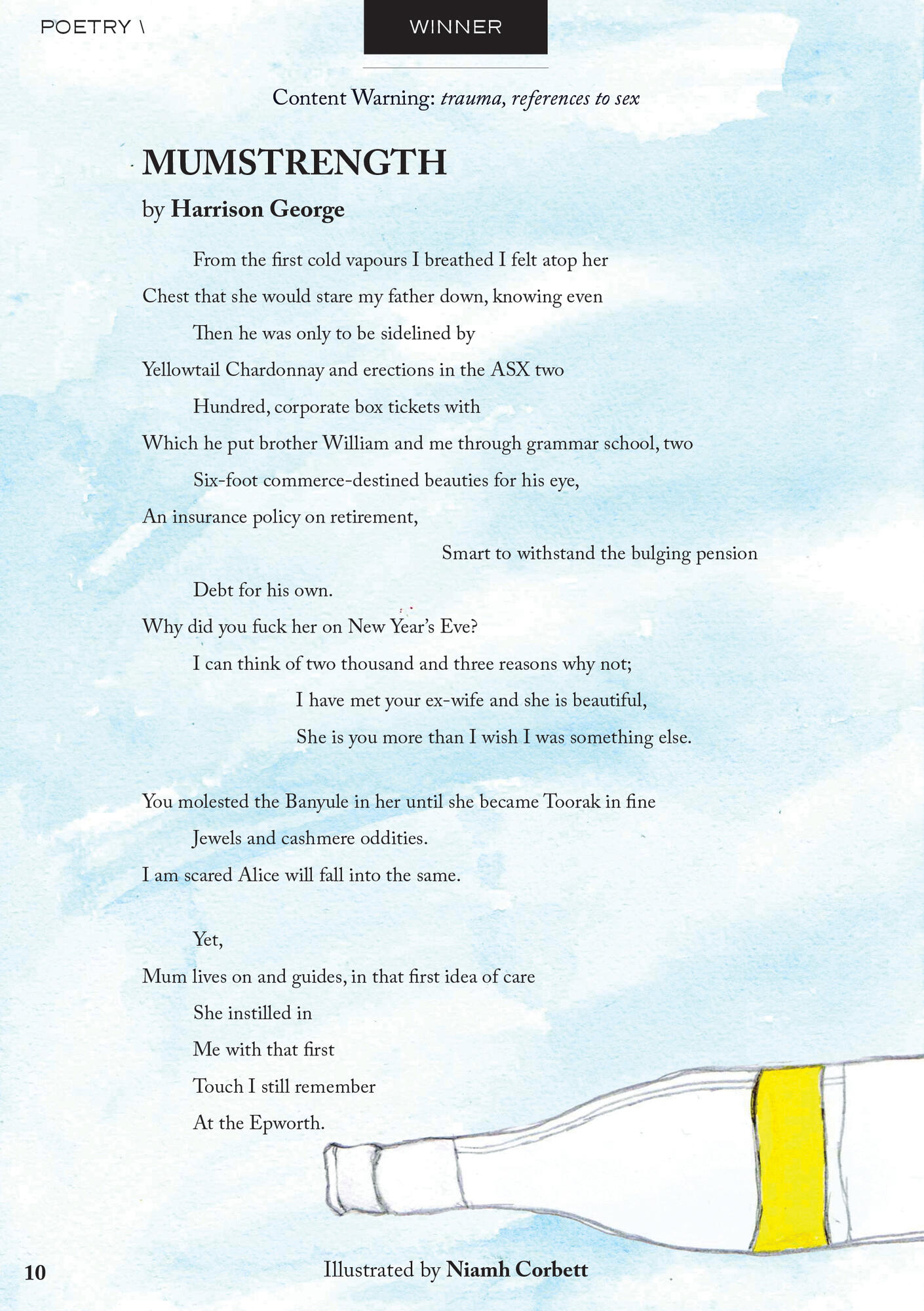 A page from the anthology with the poem 'MUMSTRENGTH'. The background is a light blue watercolour wash, and under the poem is a sketched white wine bottle with a yellow label, lying on its side.